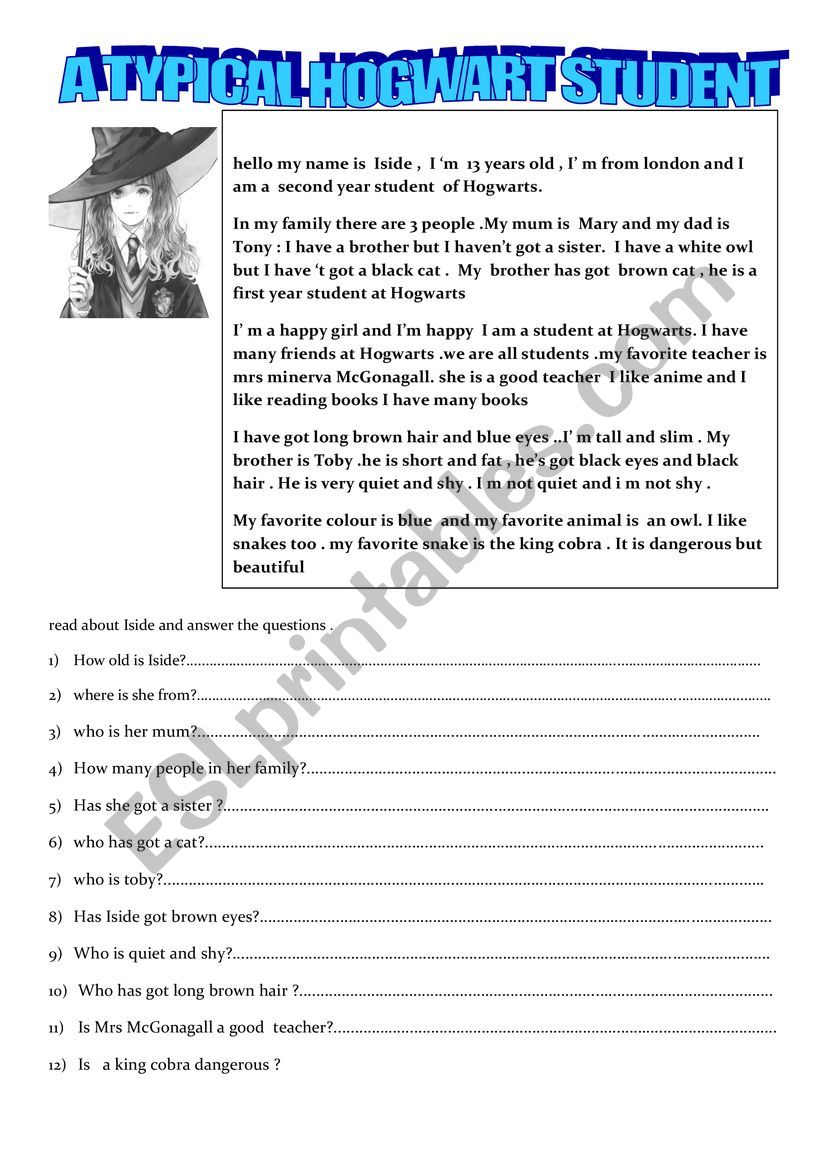  A typical Hogwart student  worksheet