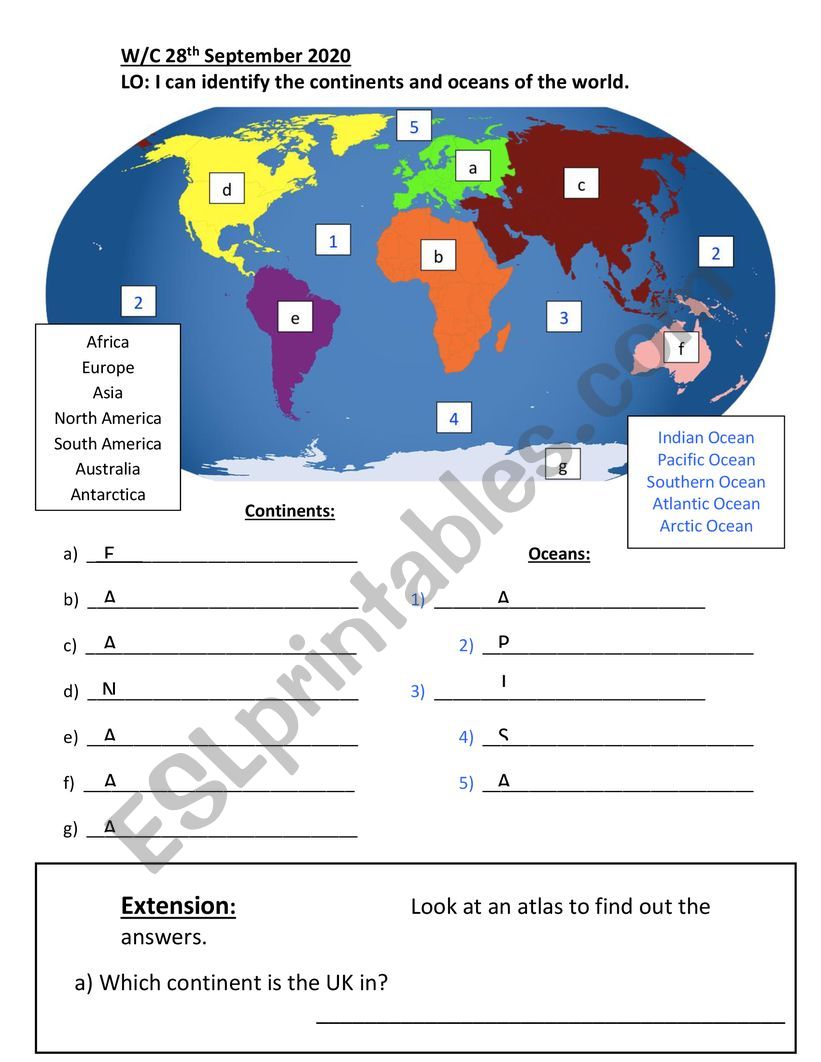 geography oceans and continents year 2 