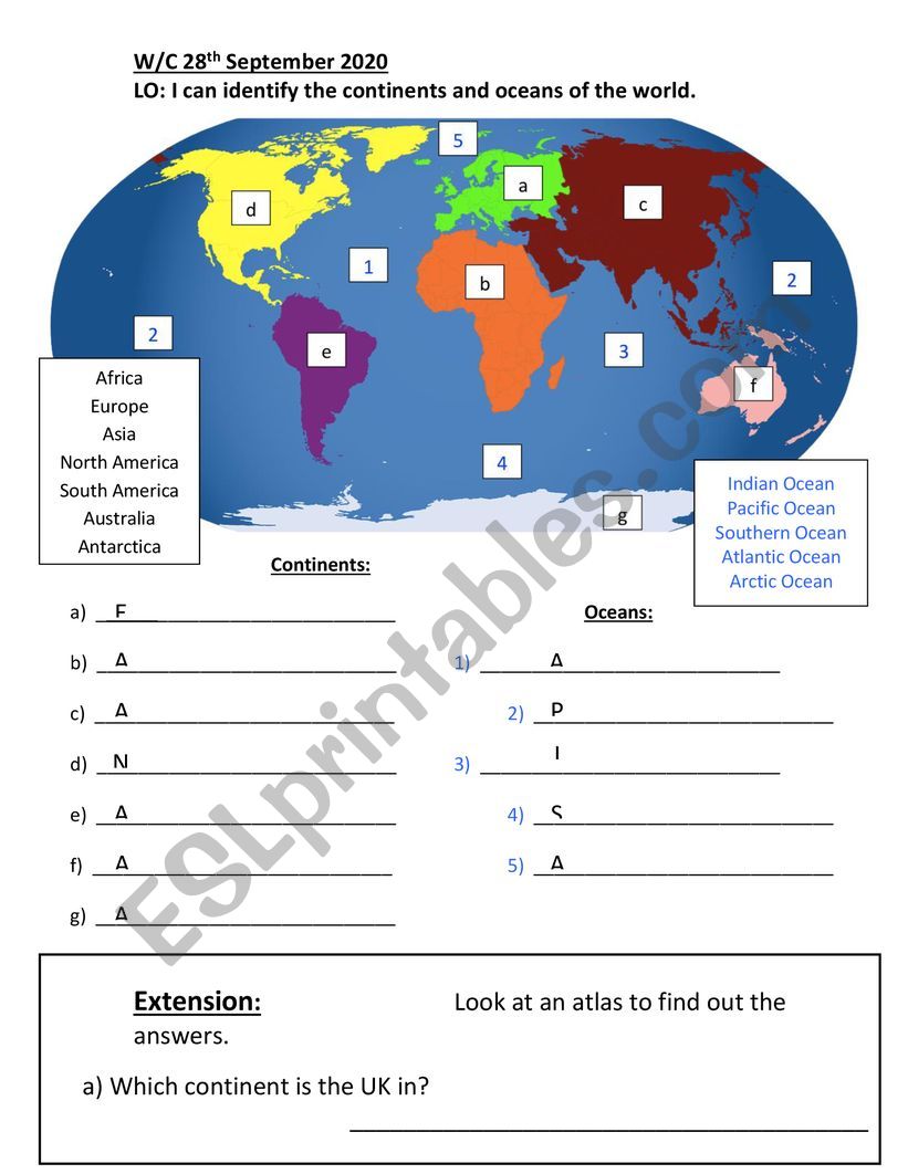 Continents And Oceans Of The World Worksheet Geography Oceans And Continents Year 2 - Esl Worksheet By Ashleighm92