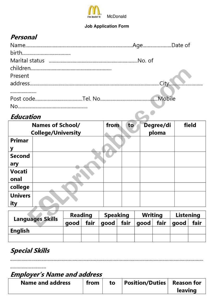 Application Form worksheet