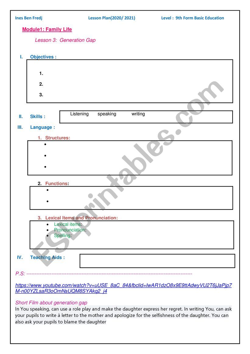 My Lesson plan format worksheet