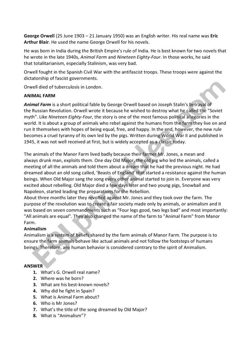 George Orwell and Animal Farm worksheet