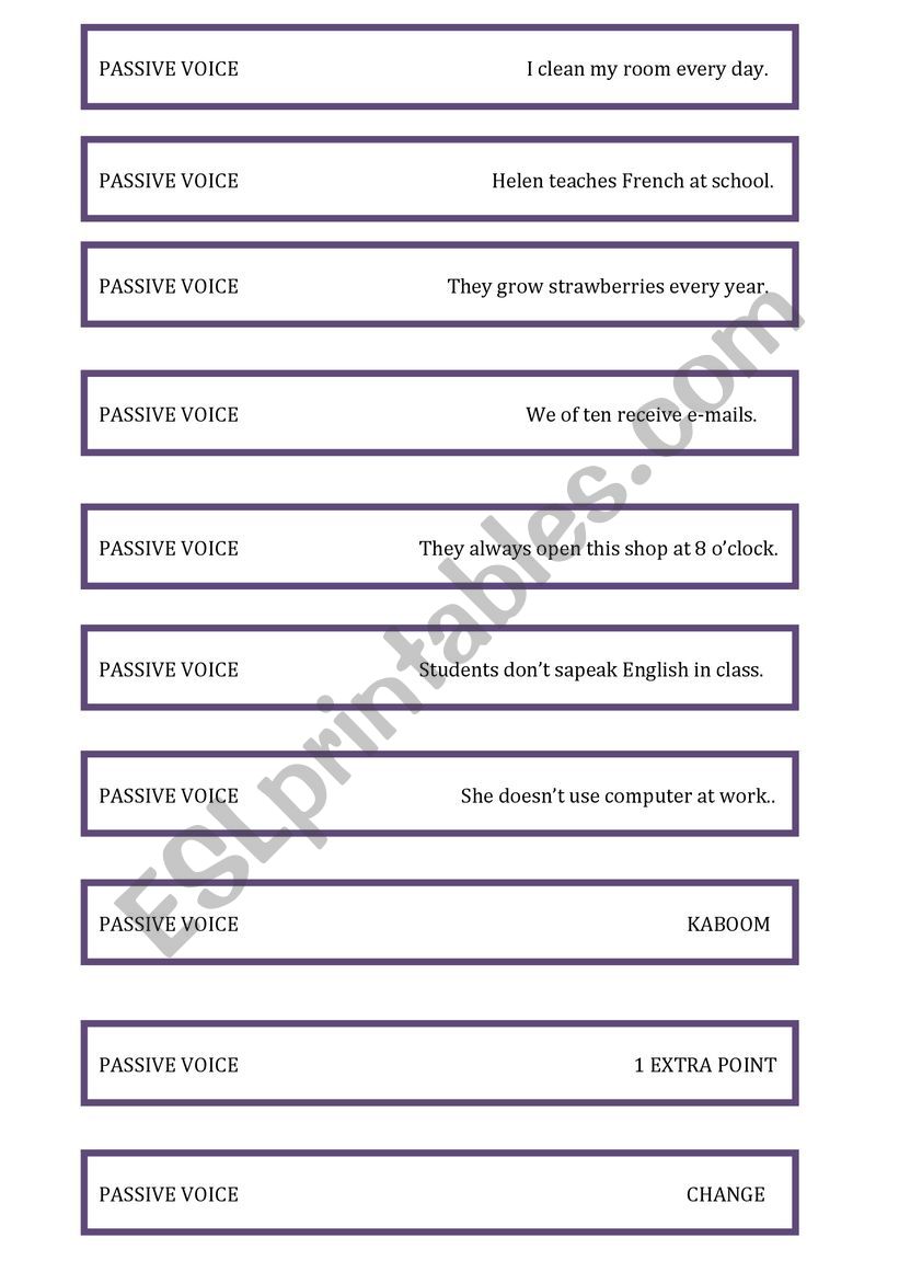 Passive voice - kaboom game worksheet
