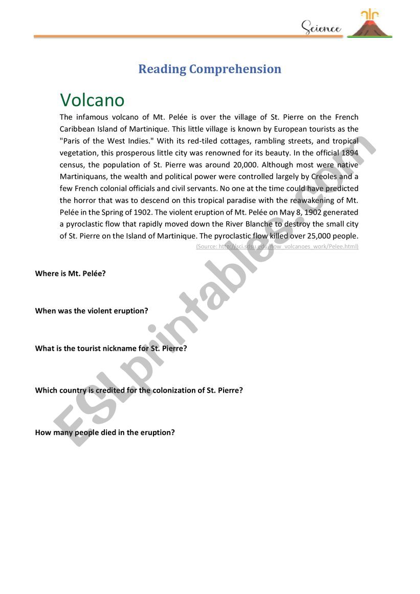 Reading comprehension Volcanoes
