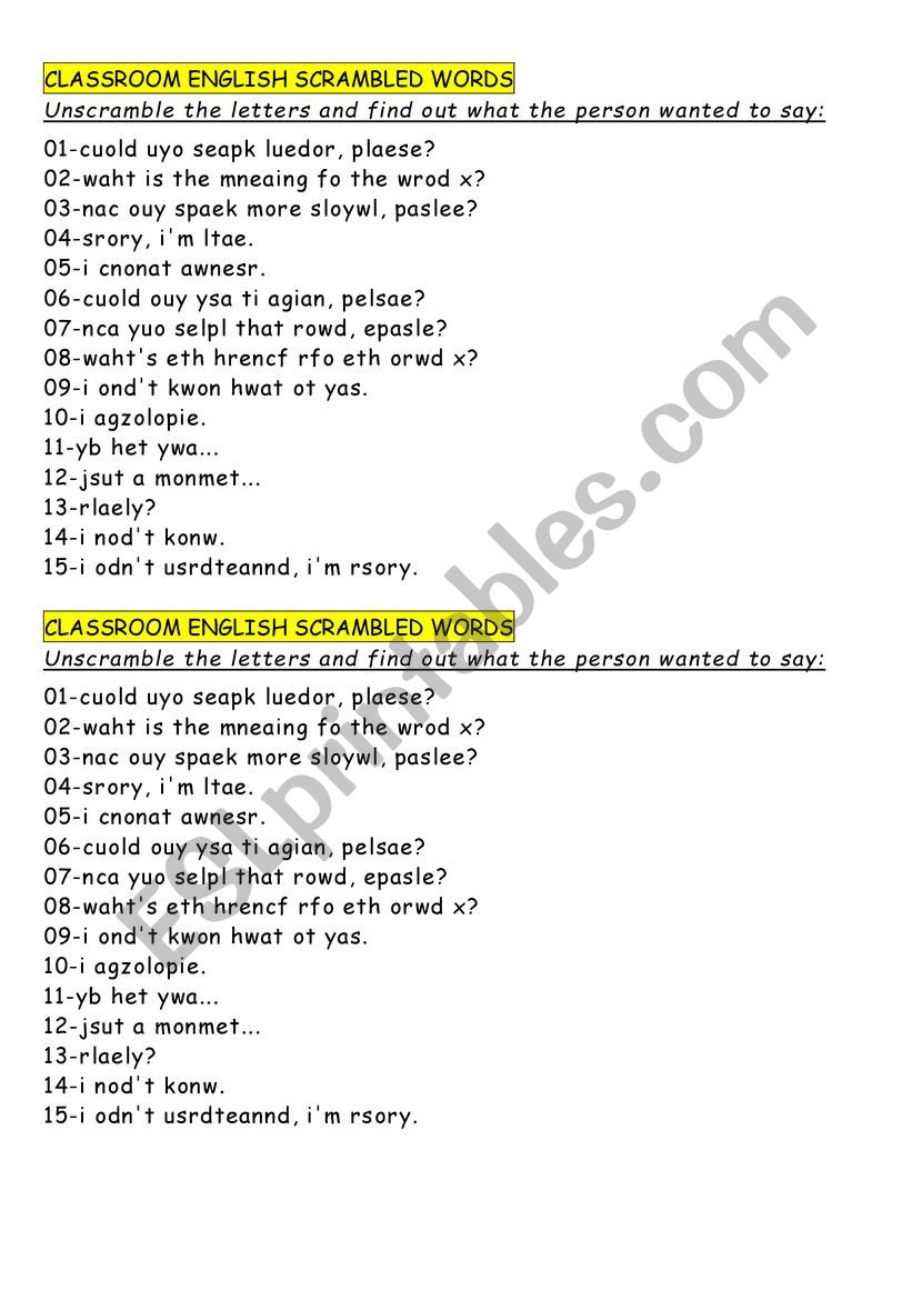 Classroom English - Unscramble the words + KEY