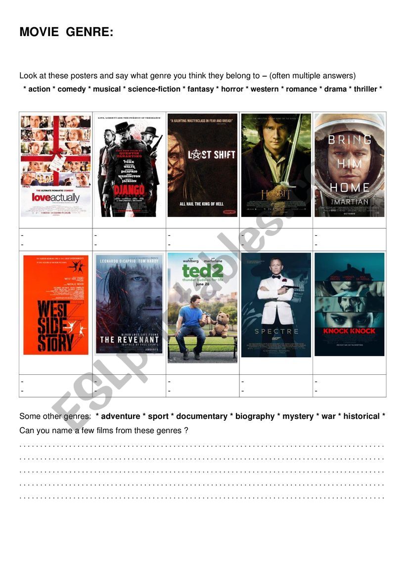 Movie genre  worksheet