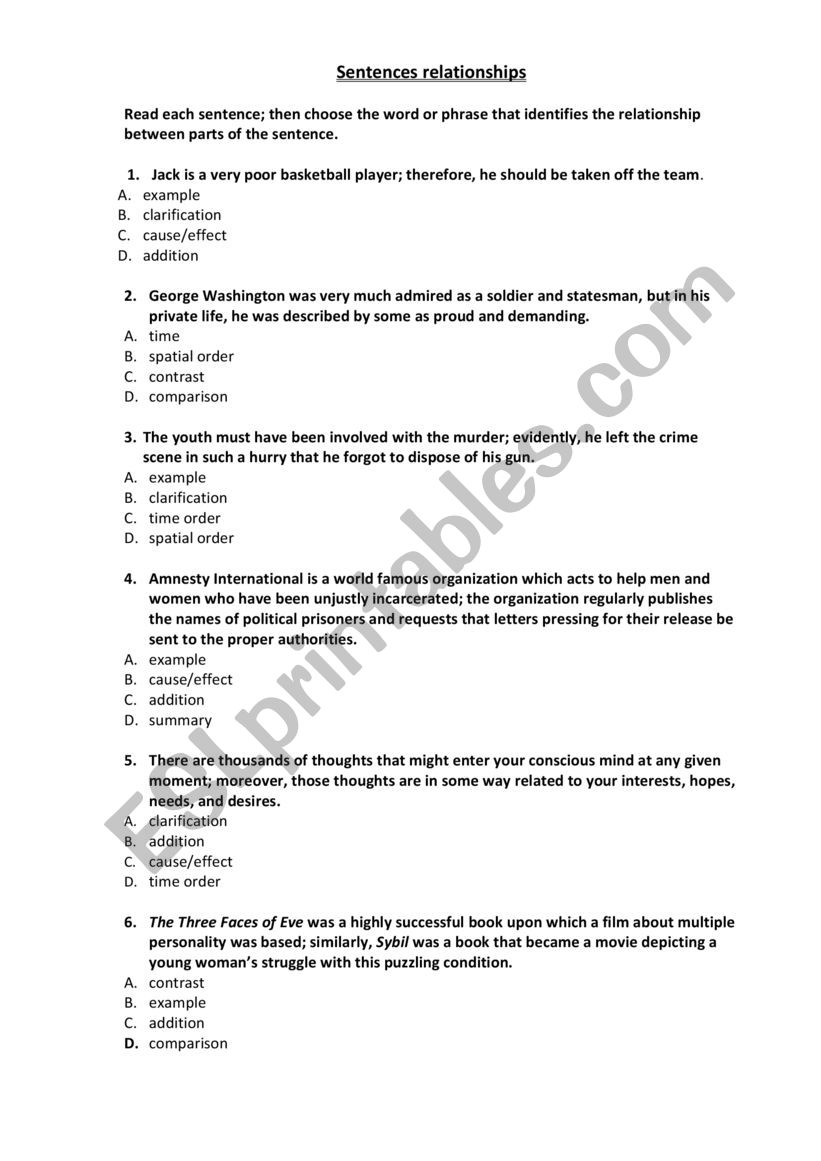 sentences relationships worksheet