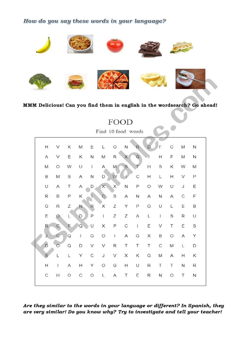 Food wordsearch (transparent words in spanish)