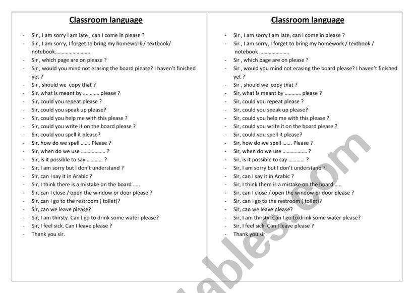 Classroom language for students