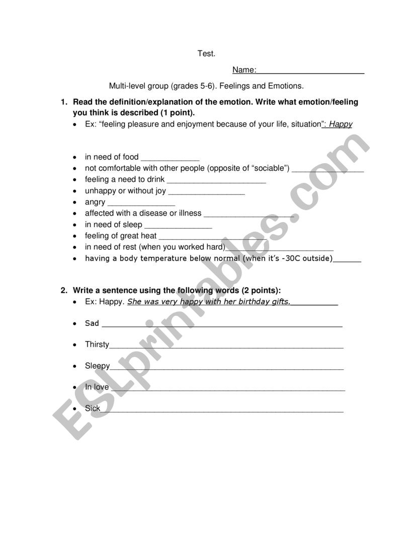 Test Emotions worksheet