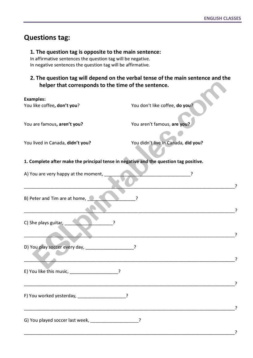 Tag questions - review worksheet