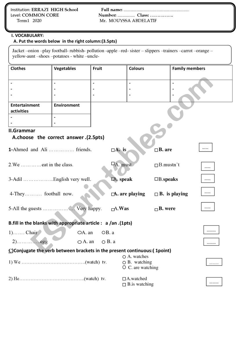 Diagnostic test common core visa to the world and outlook 