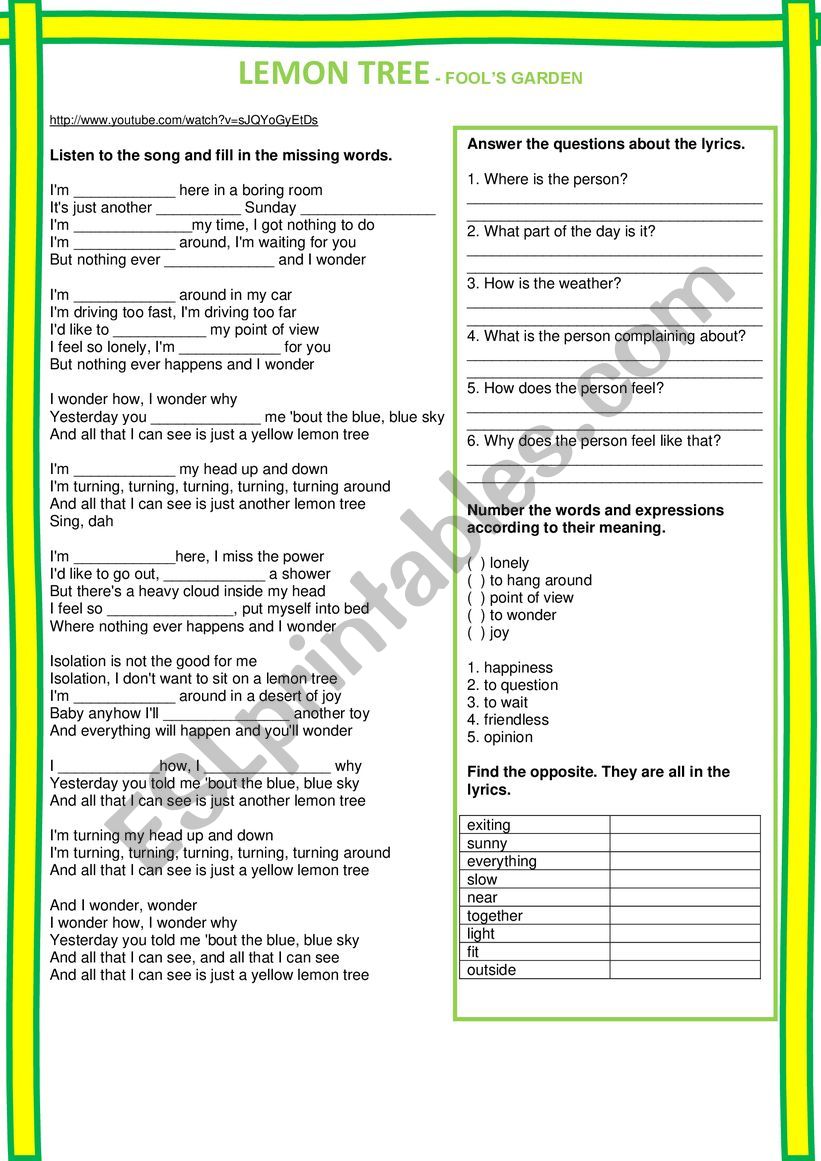 Listening - Lemon tree worksheet