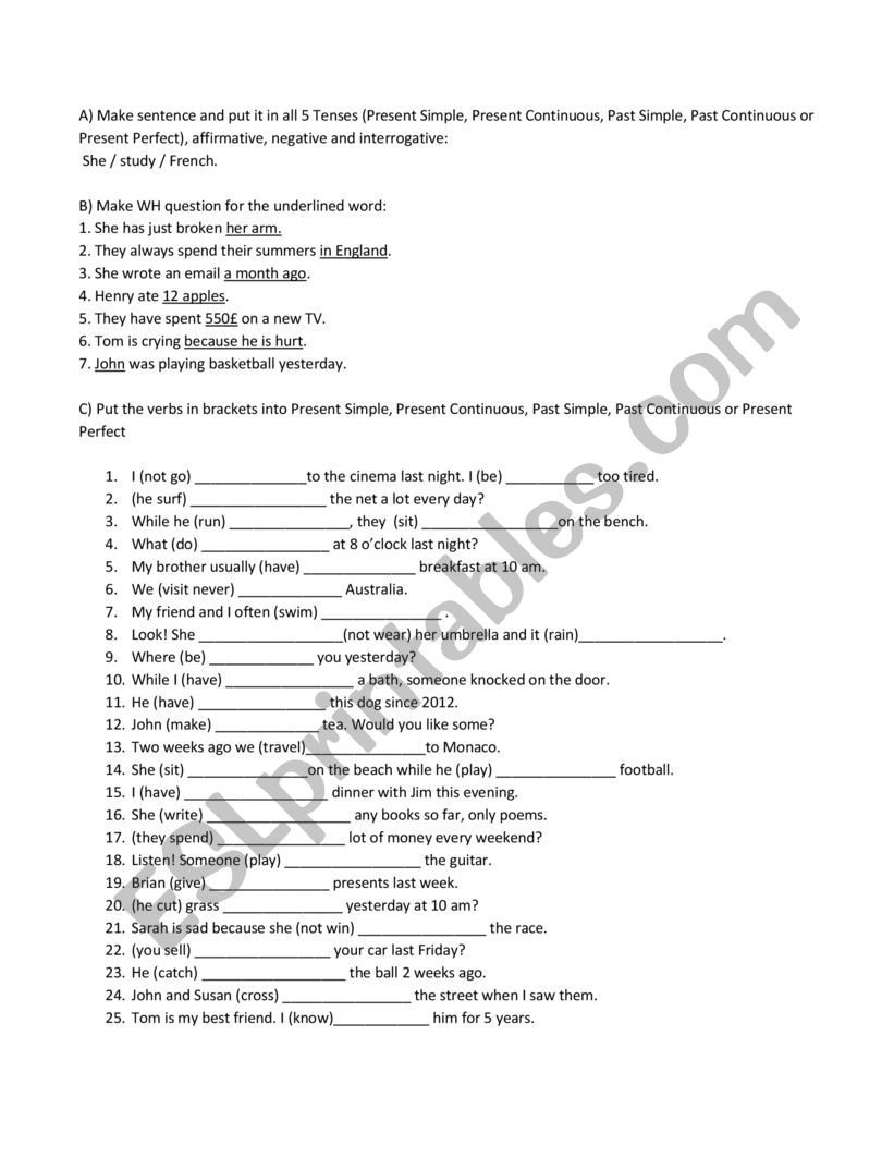 5 Tenses (Present Simple, Present Continuous, Past Simple, Past Continuous or Present Perfect)