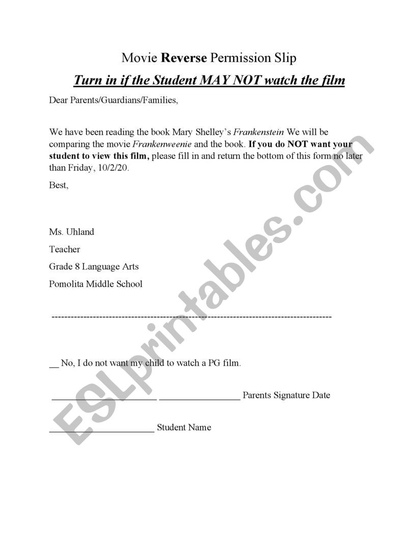 Movie Permission Slip worksheet