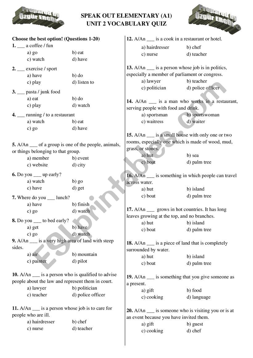 Speakout Elementary Unit 2 Vocabulary Quiz