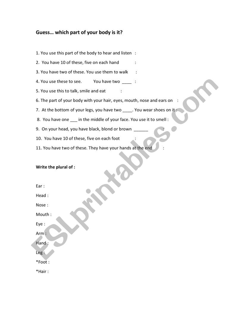 Guess wich part of the body worksheet