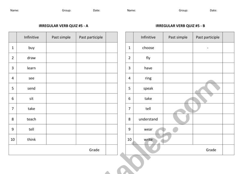 Past simple verbs - irregular - Quiz 5