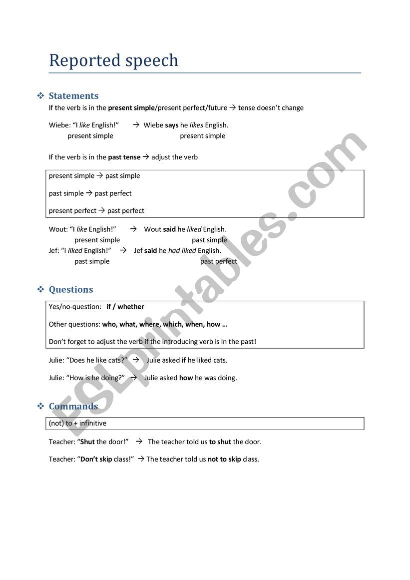 Reported speech worksheet