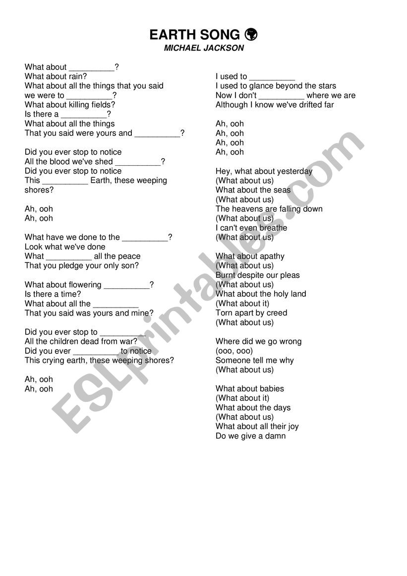 Earth Song Activity worksheet