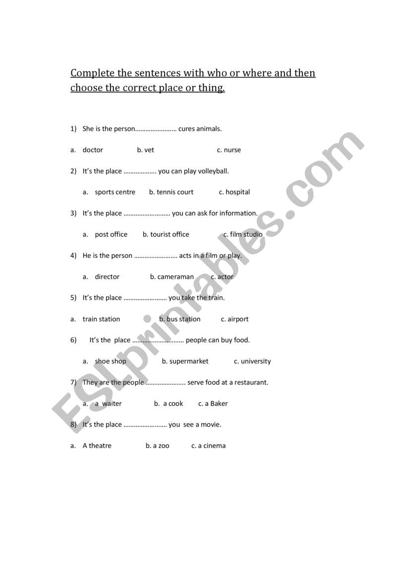 Relative pronouns who- where worksheet