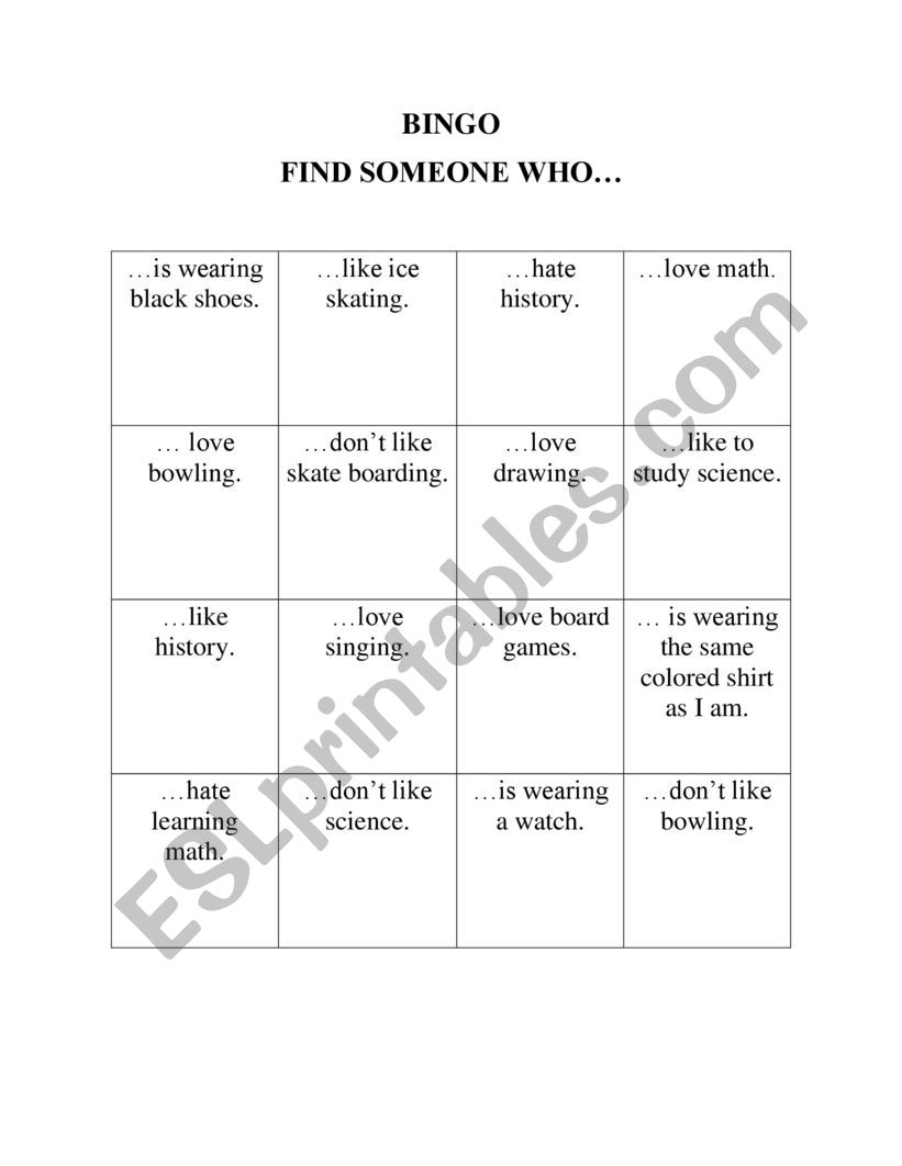Bingo - Find someone worksheet