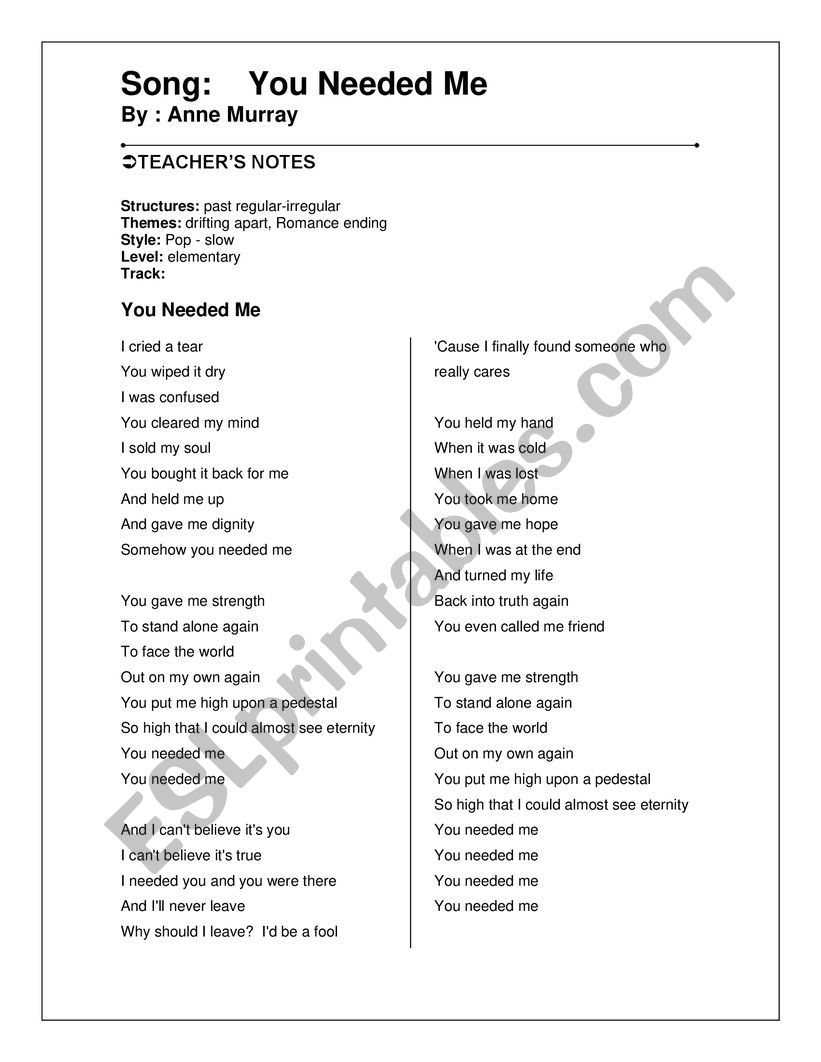Song You needed me worksheet