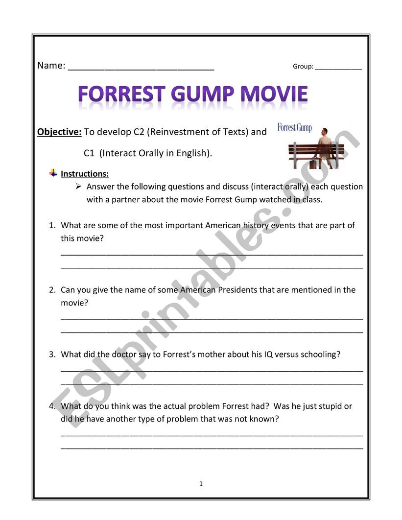 Forrest Gump Comprehension Questions on Movie - ESL worksheet by