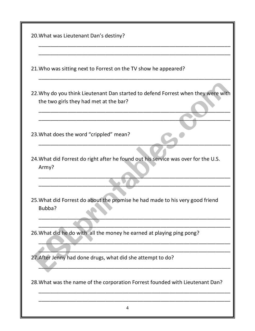 Forrest Gump Comprehension Questions On Movie Esl Worksheet By Dennisromero0714