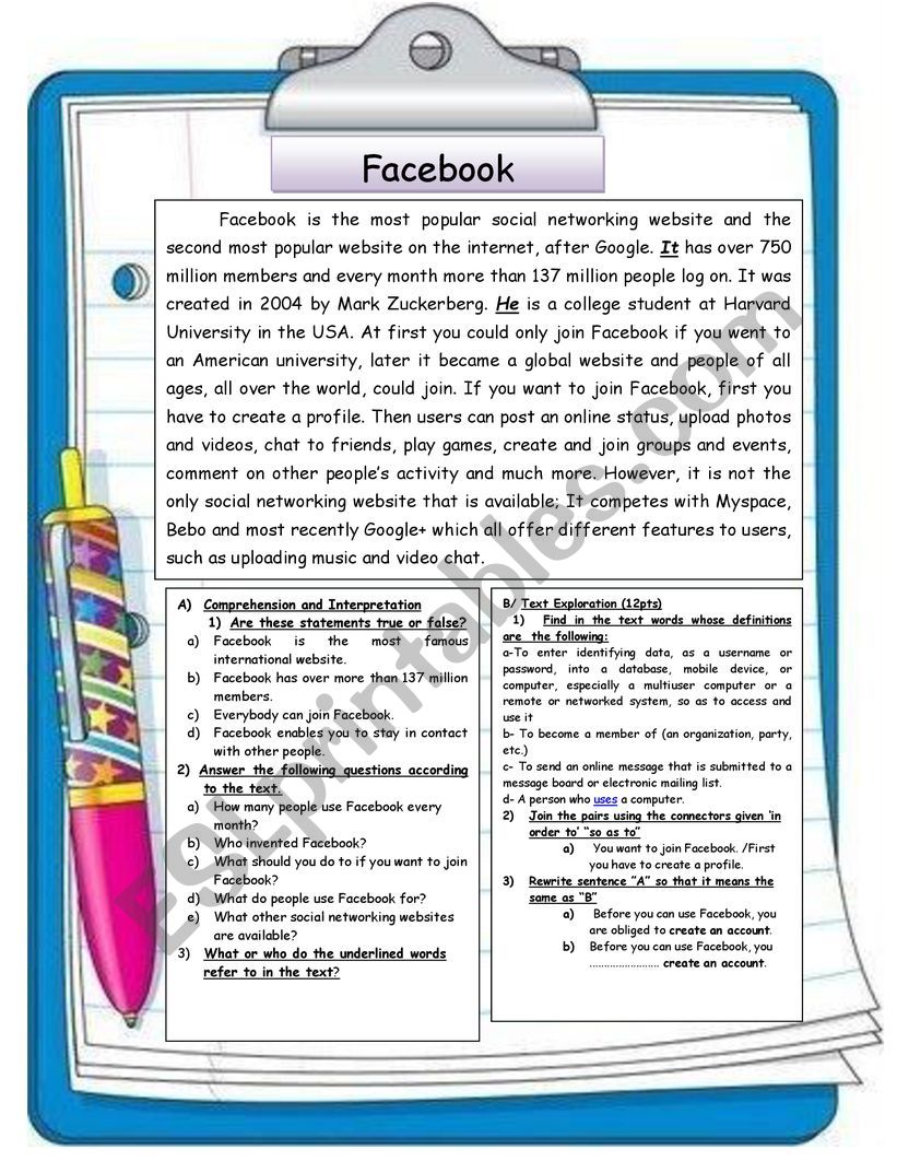          	Facebook  worksheet