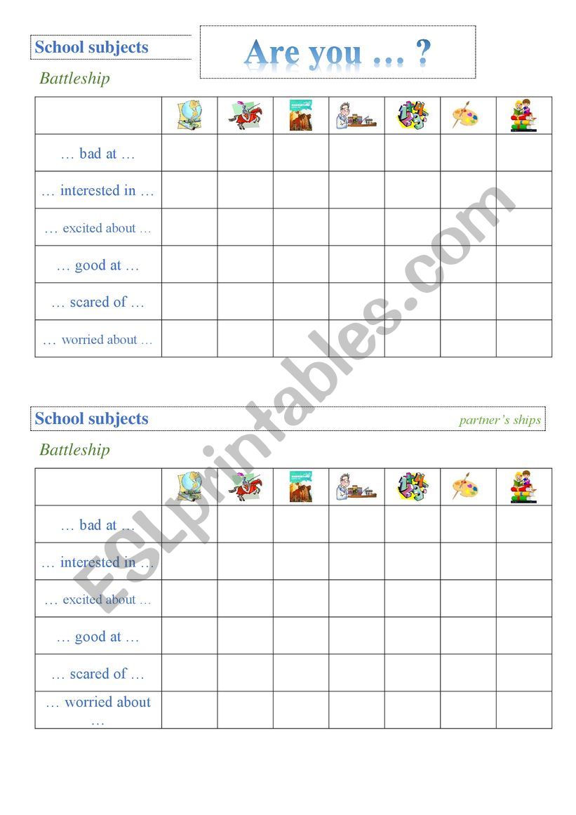 School subjects (battleship) worksheet