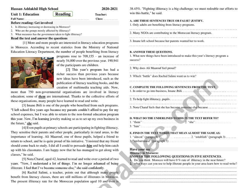 Education Bac Reading Text worksheet