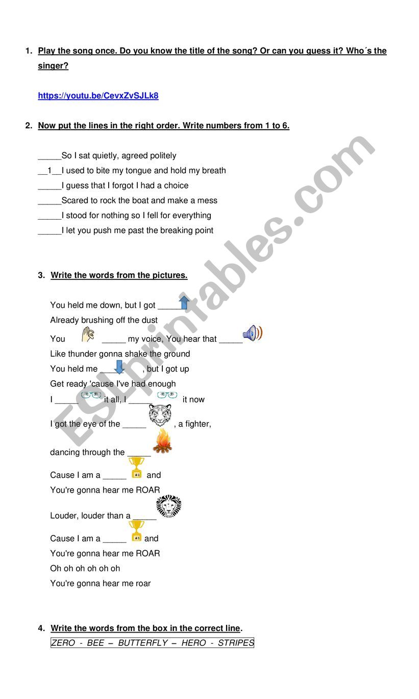 Roar (Katy Perry Song) worksheet