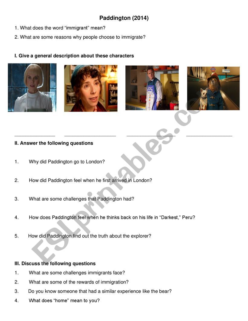 Paddington worksheet movie worksheet