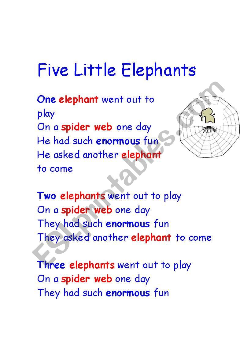Five Little Elephants Song worksheet