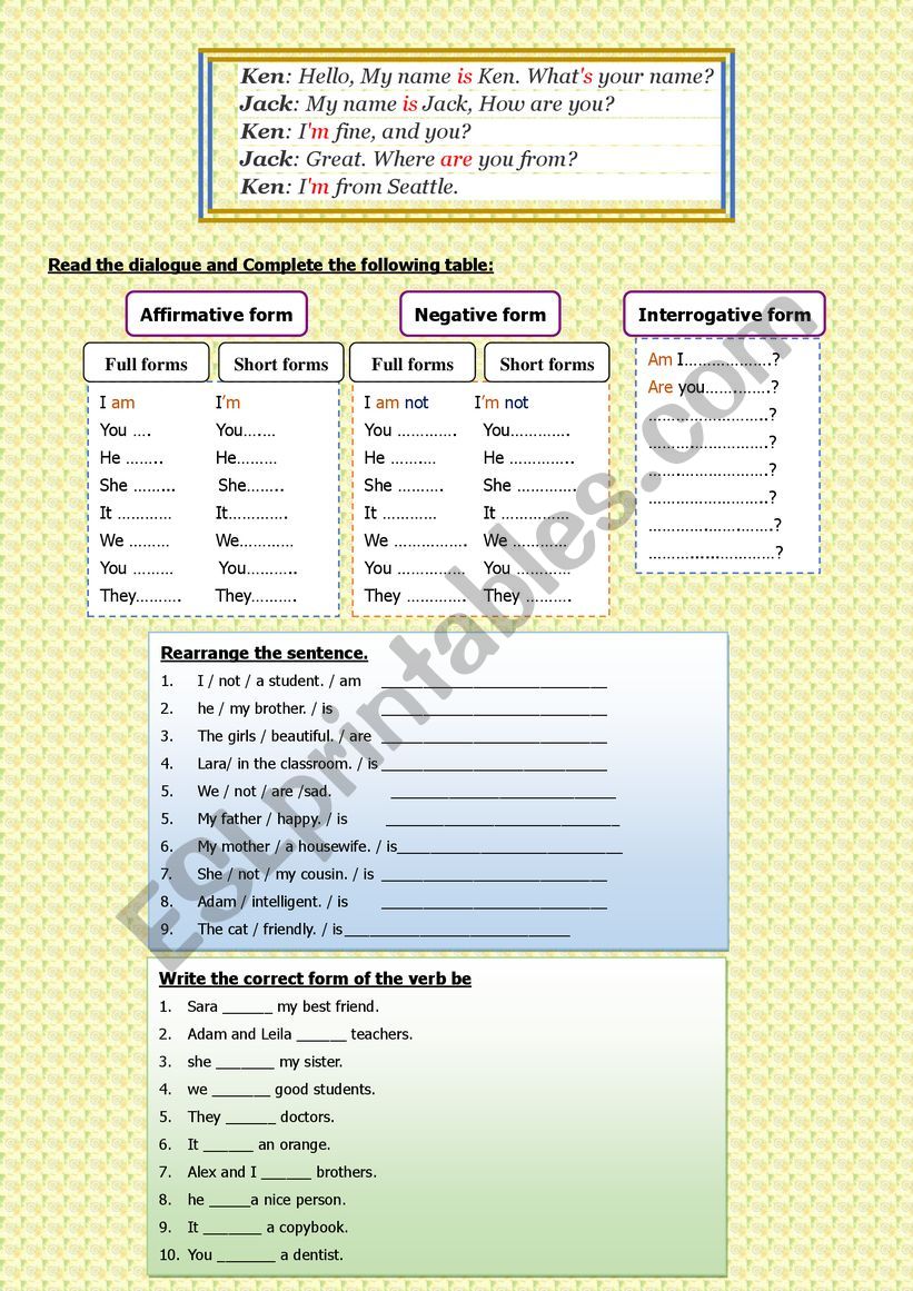 verb to be  worksheet