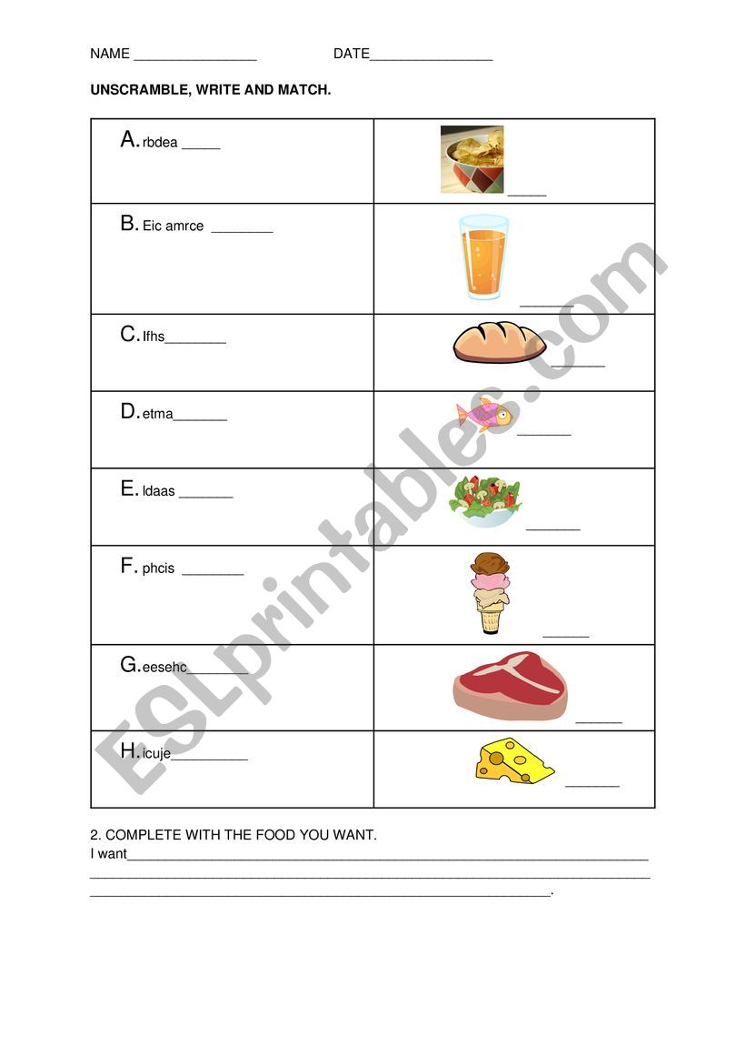 food worksheet