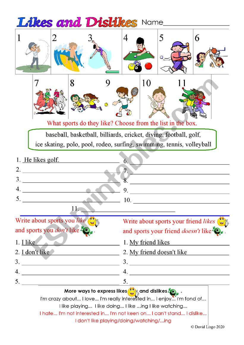 Likes and Dislikes in Sport with answer key