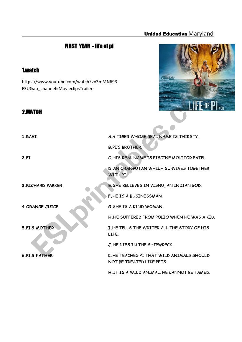 LIFE OF PI worksheet