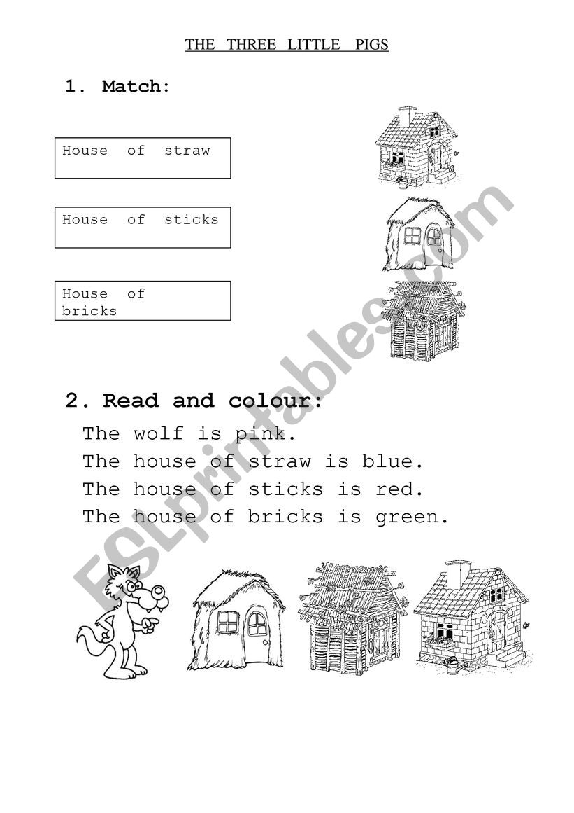 3 Little pigs, read and match, read and colour