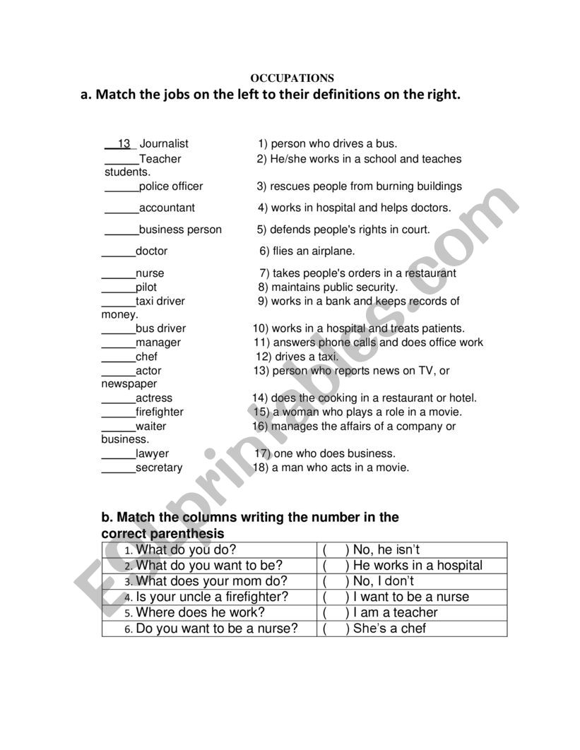 OCCUPATIONS worksheet