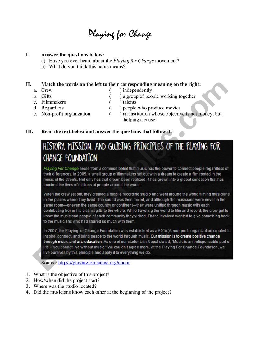 Playing For Change worksheet