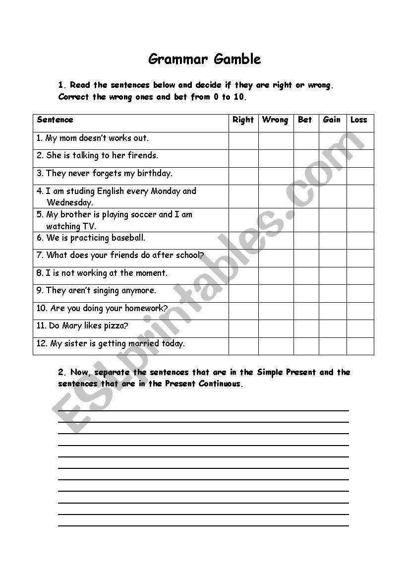 Grammar Gamble worksheet