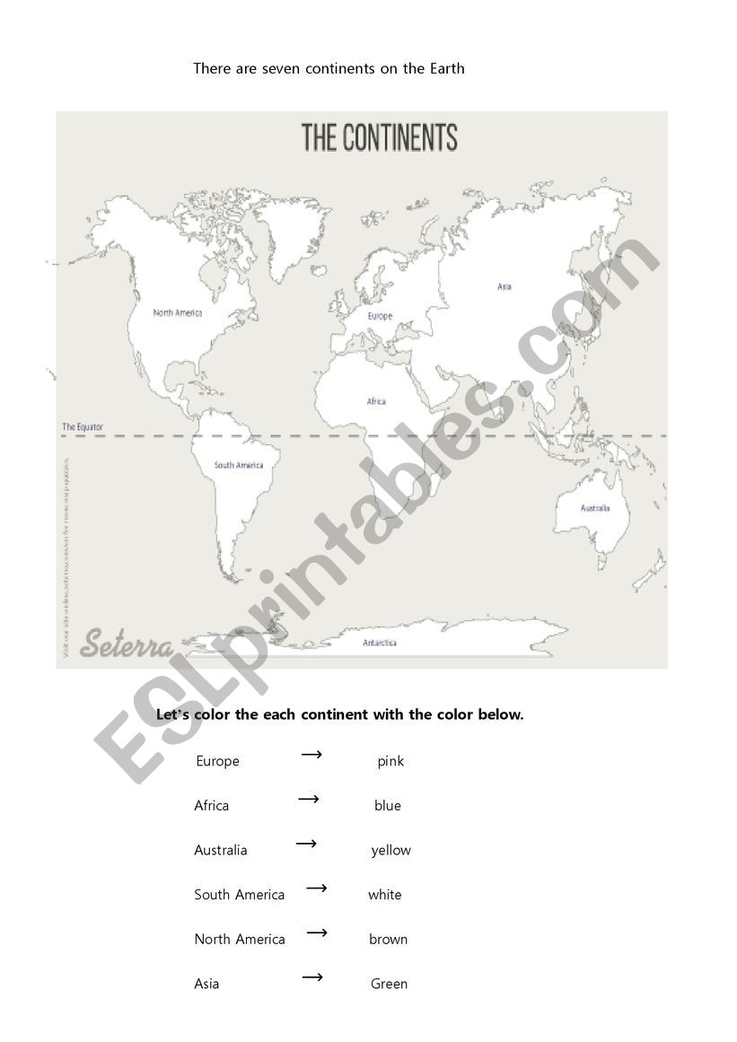 Coloring Continents - ESL worksheet by Heather Kim