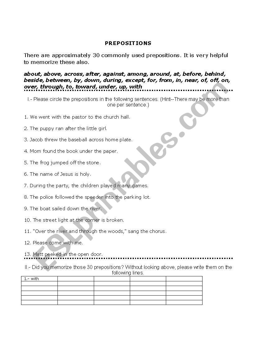 Prepositions worksheet