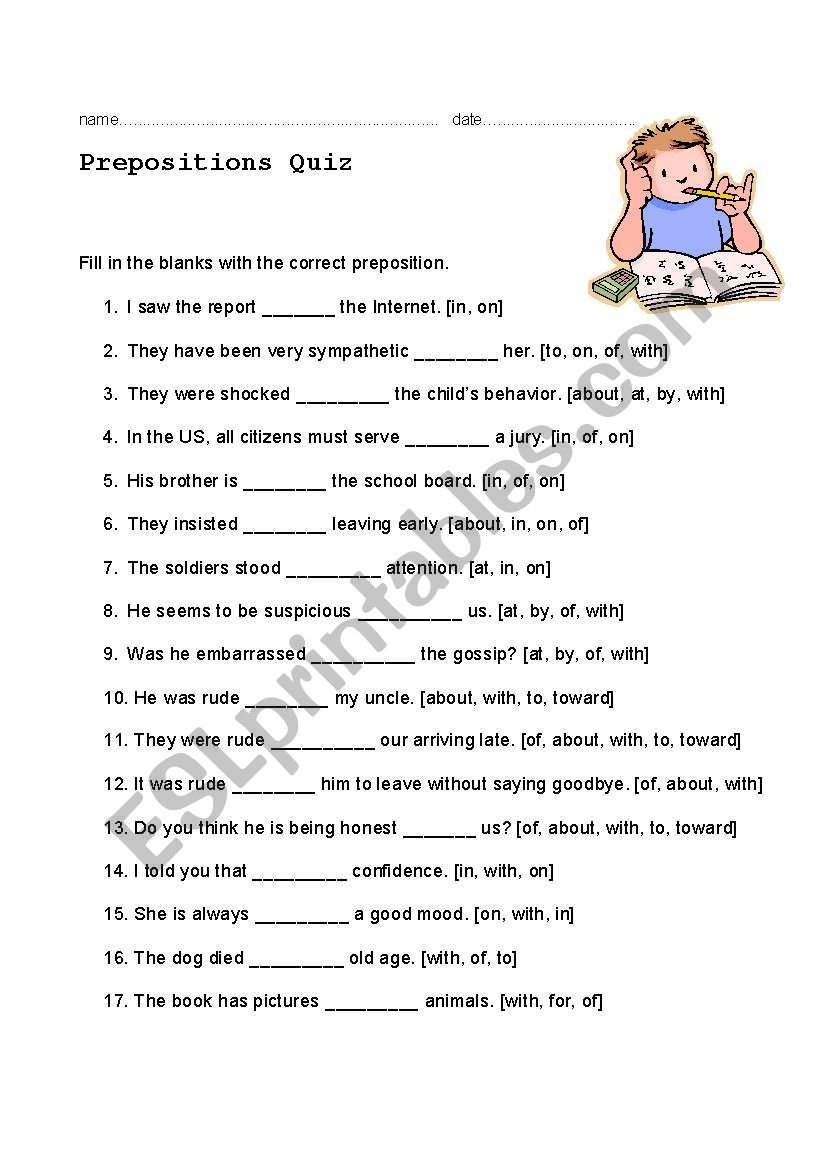 Prepositions Quiz worksheet