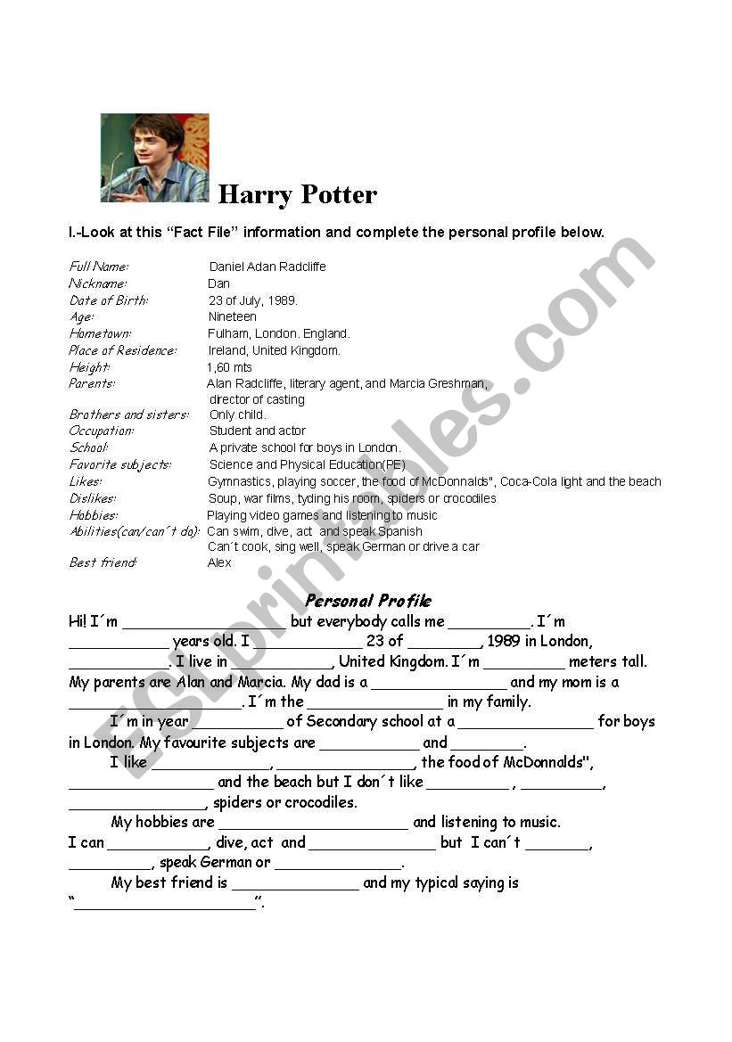 Harry Potter Personal Profile worksheet