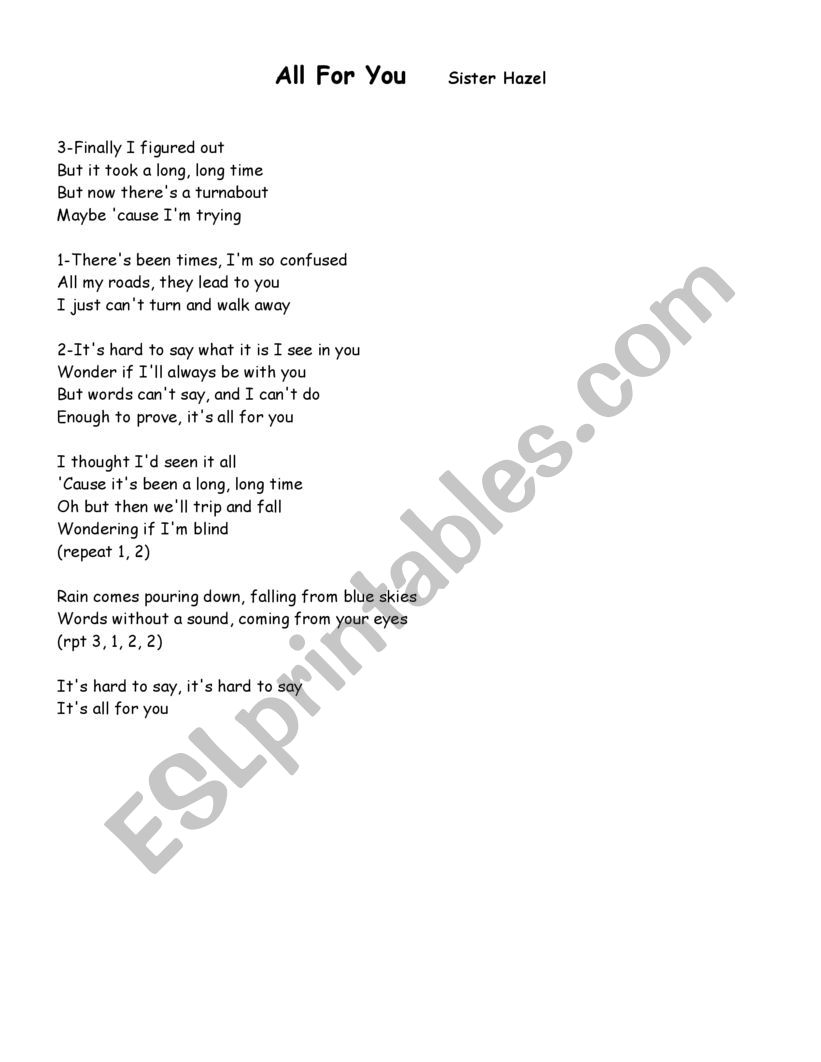 All For You - Sister Hazel worksheet