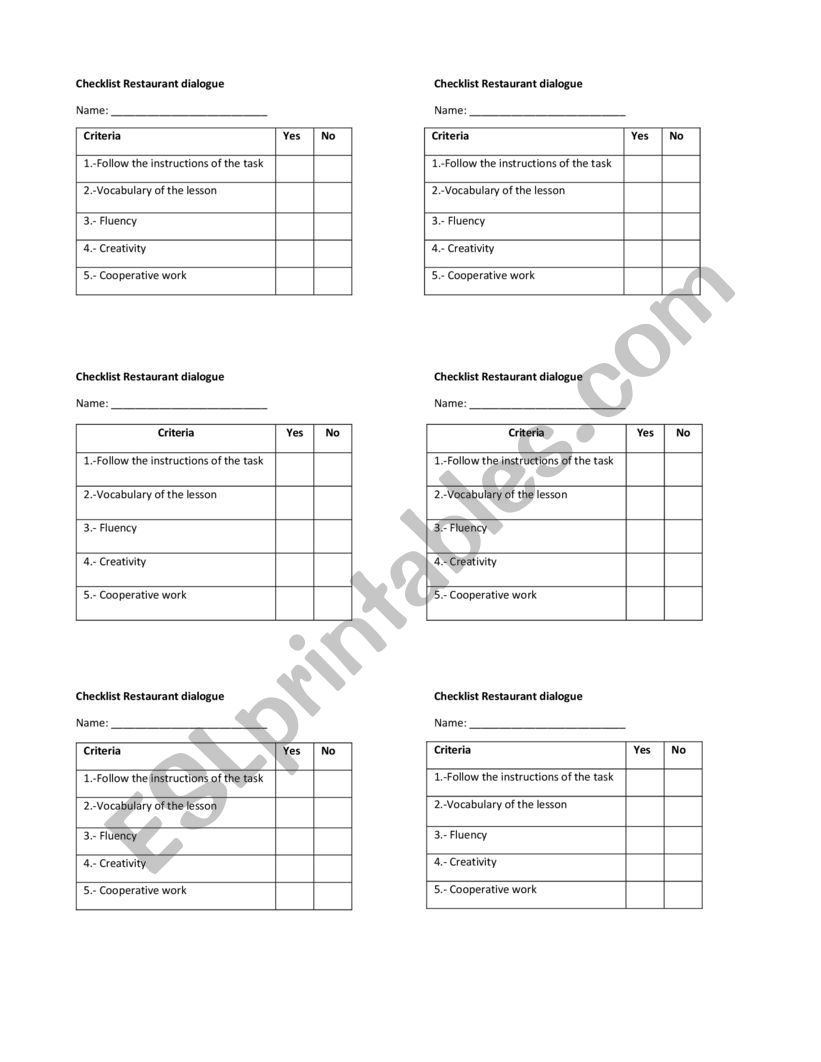 Restaurant Role Play worksheet