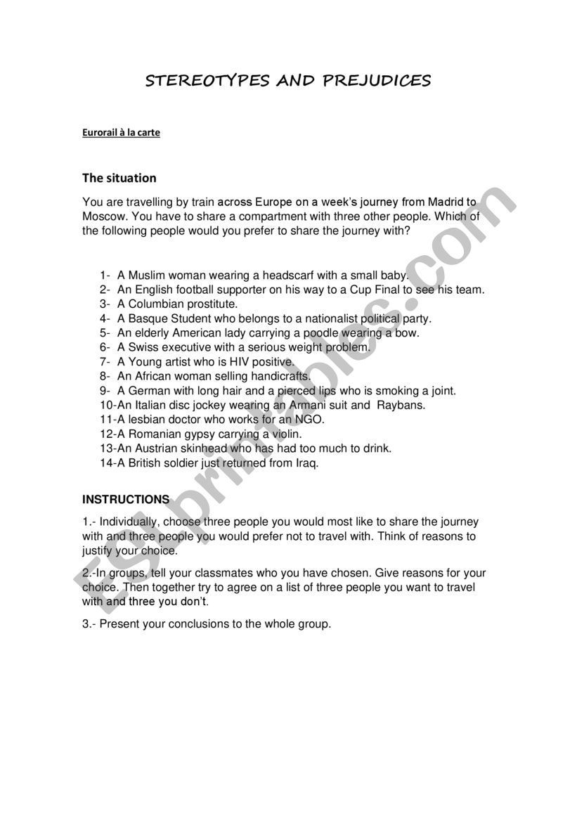 Stereotypes and prejudices worksheet